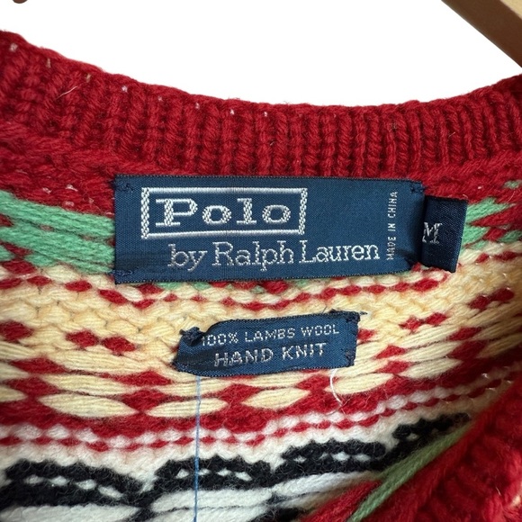 VTG 90’s Polo Ralph Lauren Unisex M Red Fair Isle Hand Knit Lambswool Sweater - Picture 7 of 8